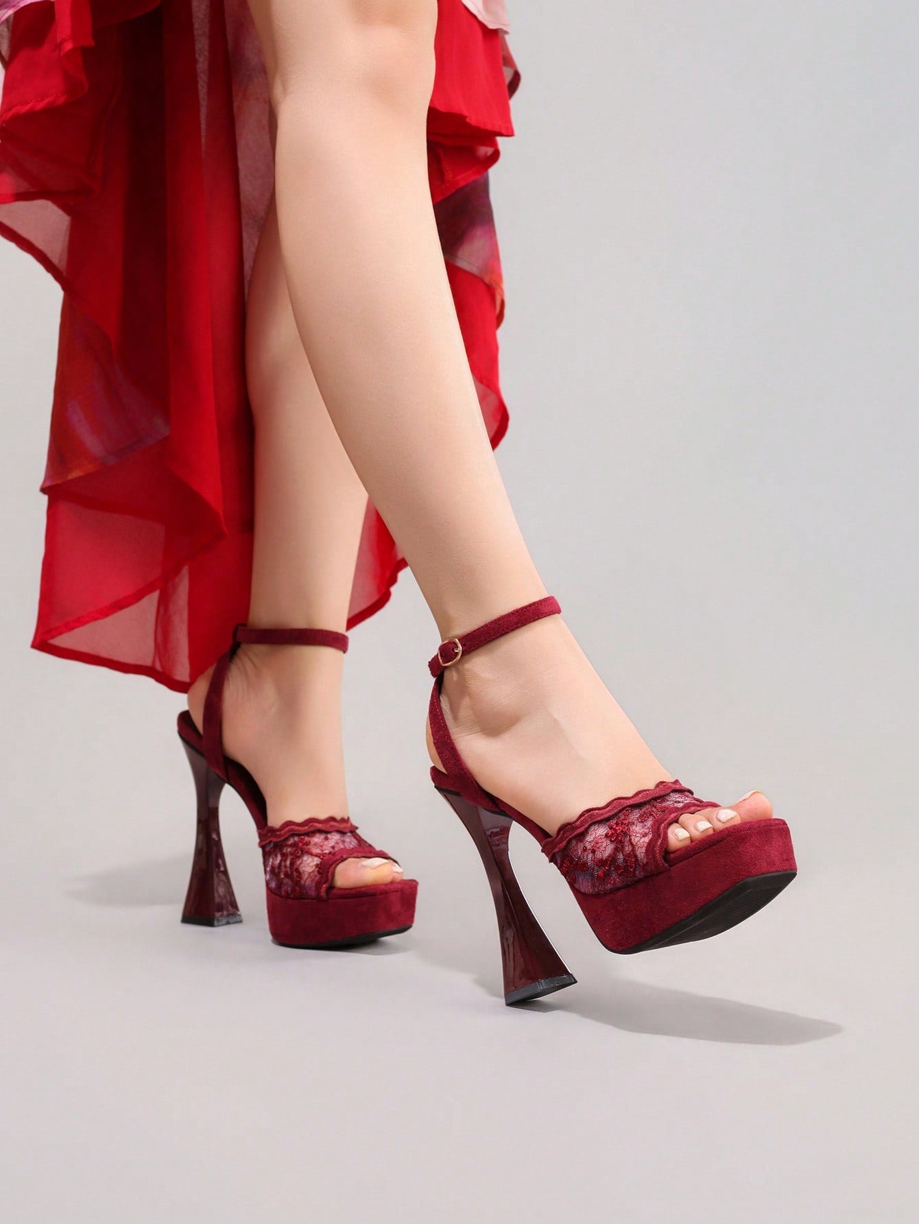 Fashionable Lace Embroidered High Heel Sandals, Sexy Party Shoes, Open Toe Square Heel Mules, High Platform Wedge Heels, Wine Red Women's High Heels