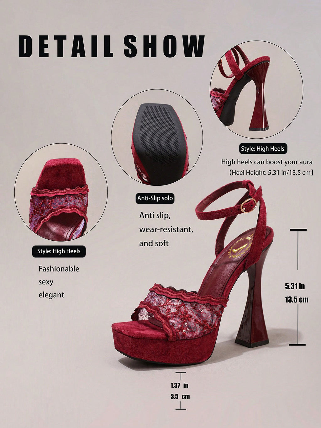 Fashionable Lace Embroidered High Heel Sandals, Sexy Party Shoes, Open Toe Square Heel Mules, High Platform Wedge Heels, Wine Red Women's High Heels
