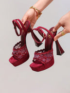 Fashionable Lace Embroidered High Heel Sandals, Sexy Party Shoes, Open Toe Square Heel Mules, High Platform Wedge Heels, Wine Red Women's High Heels