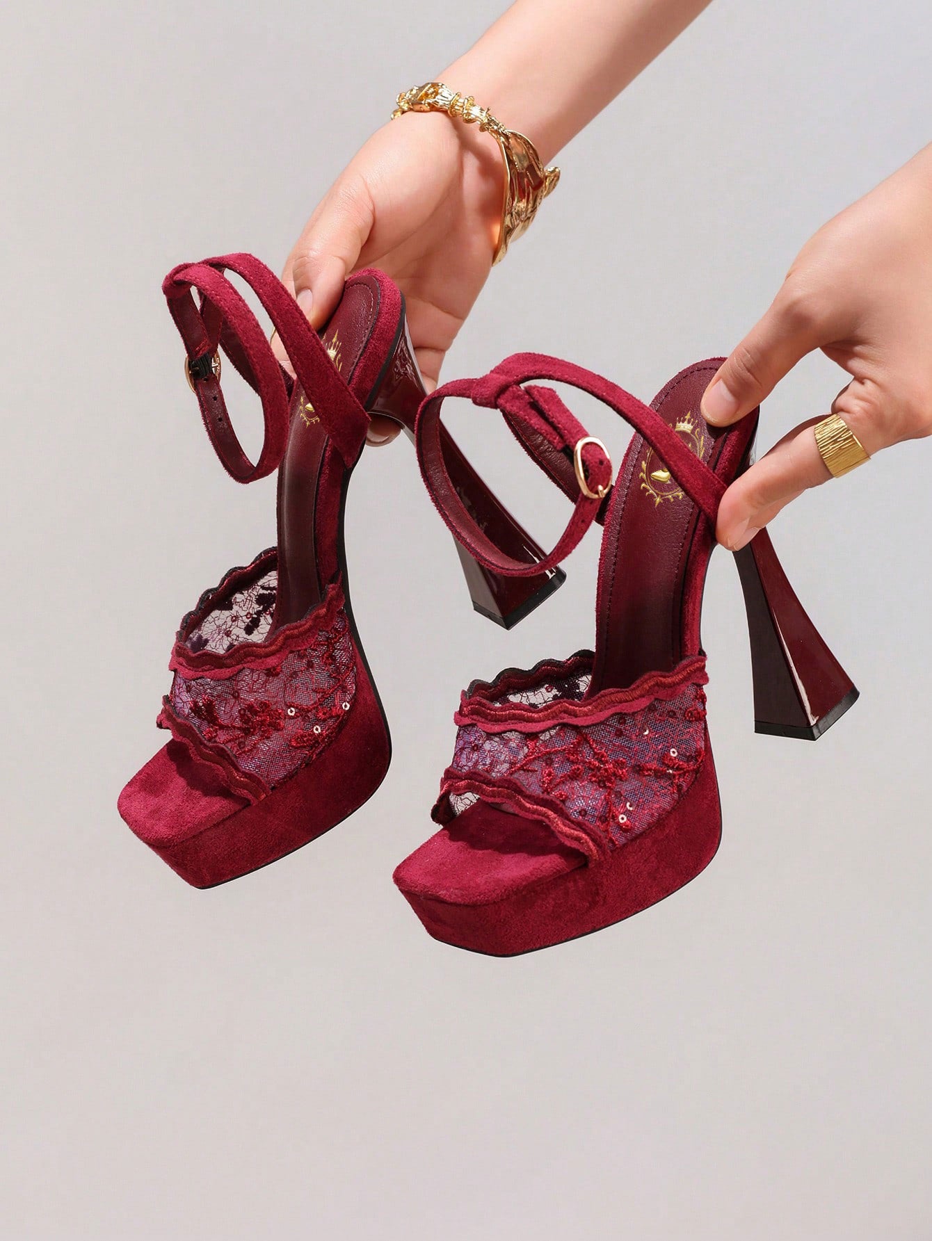 Fashionable Lace Embroidered High Heel Sandals, Sexy Party Shoes, Open Toe Square Heel Mules, High Platform Wedge Heels, Wine Red Women's High Heels