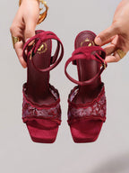 Fashionable Lace Embroidered High Heel Sandals, Sexy Party Shoes, Open Toe Square Heel Mules, High Platform Wedge Heels, Wine Red Women's High Heels