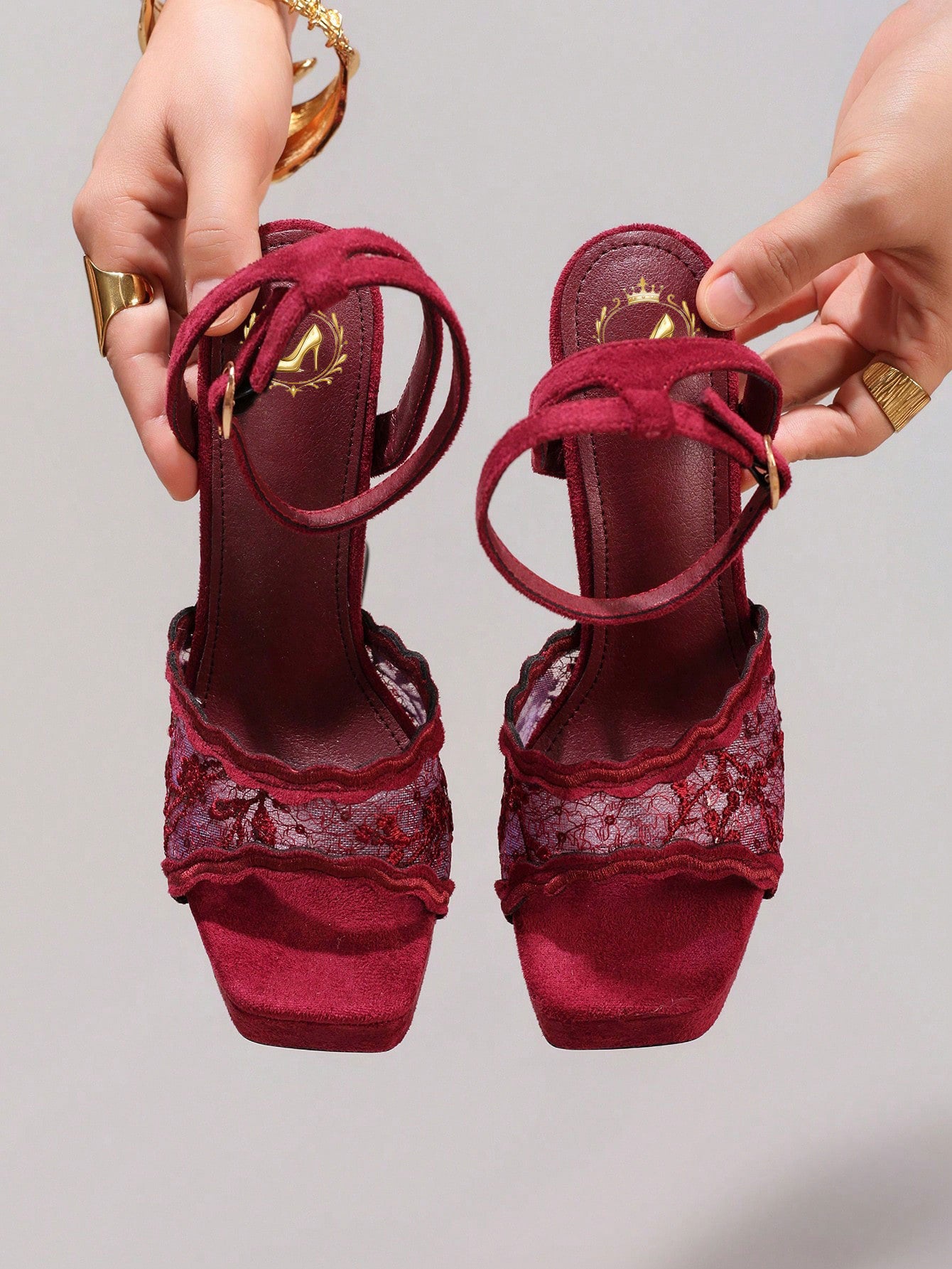 Fashionable Lace Embroidered High Heel Sandals, Sexy Party Shoes, Open Toe Square Heel Mules, High Platform Wedge Heels, Wine Red Women's High Heels