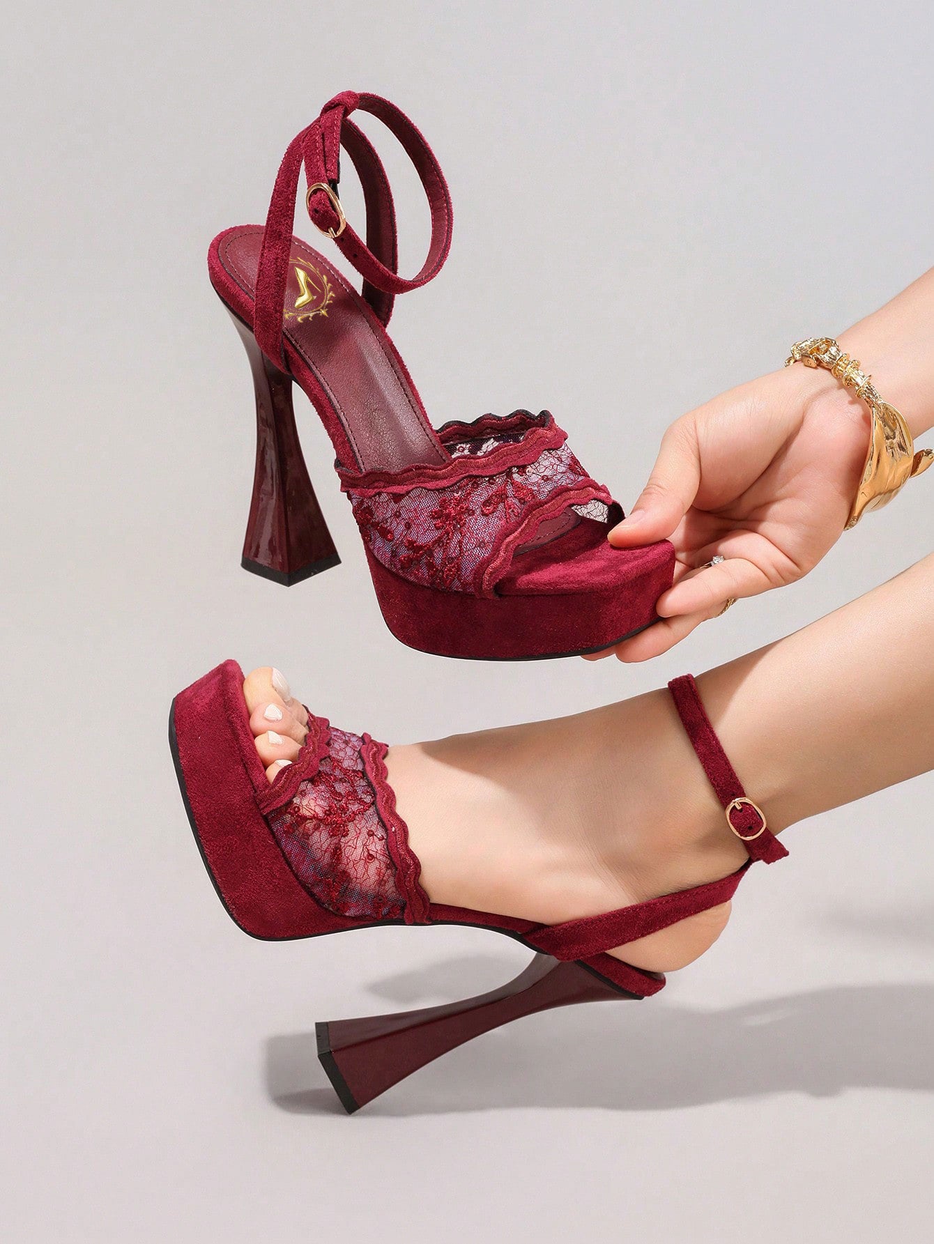 Fashionable Lace Embroidered High Heel Sandals, Sexy Party Shoes, Open Toe Square Heel Mules, High Platform Wedge Heels, Wine Red Women's High Heels