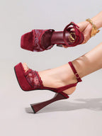 Fashionable Lace Embroidered High Heel Sandals, Sexy Party Shoes, Open Toe Square Heel Mules, High Platform Wedge Heels, Wine Red Women's High Heels