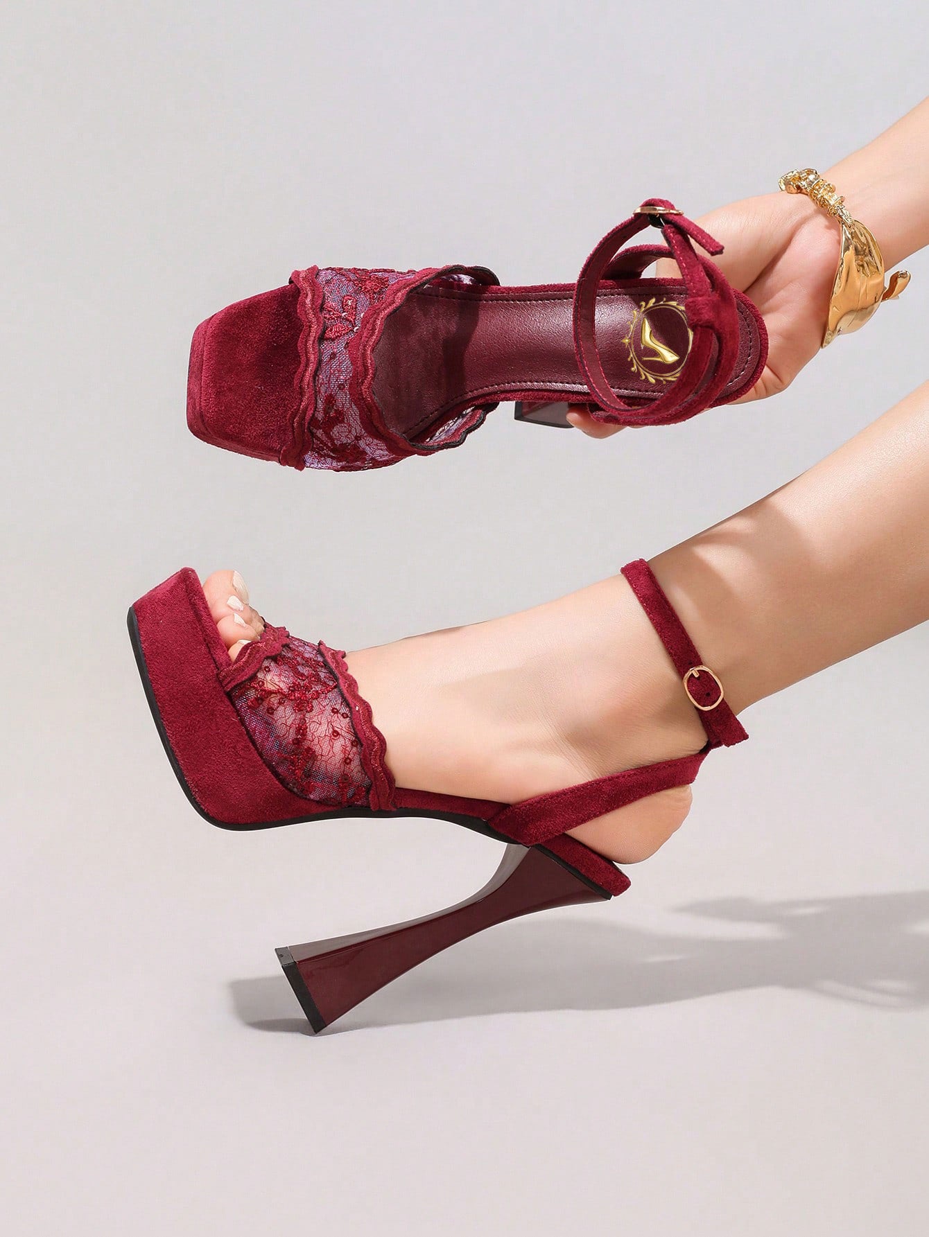 Fashionable Lace Embroidered High Heel Sandals, Sexy Party Shoes, Open Toe Square Heel Mules, High Platform Wedge Heels, Wine Red Women's High Heels