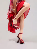 Fashionable Lace Embroidered High Heel Sandals, Sexy Party Shoes, Open Toe Square Heel Mules, High Platform Wedge Heels, Wine Red Women's High Heels