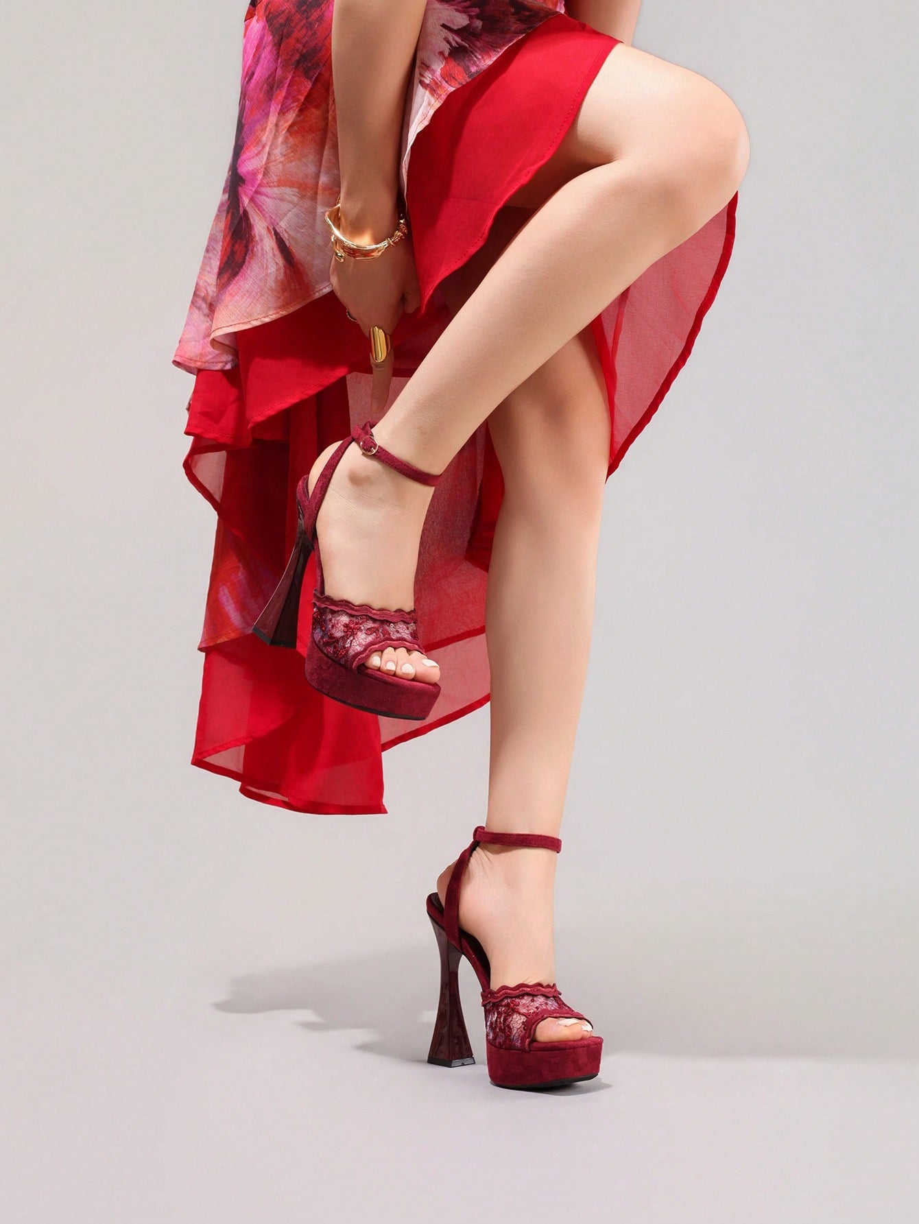 Fashionable Lace Embroidered High Heel Sandals, Sexy Party Shoes, Open Toe Square Heel Mules, High Platform Wedge Heels, Wine Red Women's High Heels