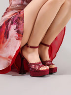 Fashionable Lace Embroidered High Heel Sandals, Sexy Party Shoes, Open Toe Square Heel Mules, High Platform Wedge Heels, Wine Red Women's High Heels