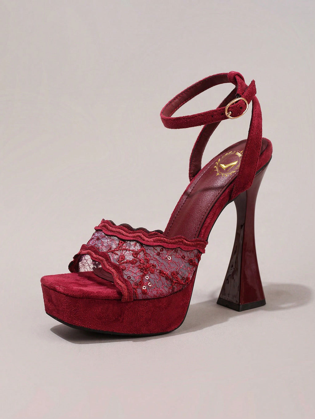Fashionable Lace Embroidered High Heel Sandals, Sexy Party Shoes, Open Toe Square Heel Mules, High Platform Wedge Heels, Wine Red Women's High Heels