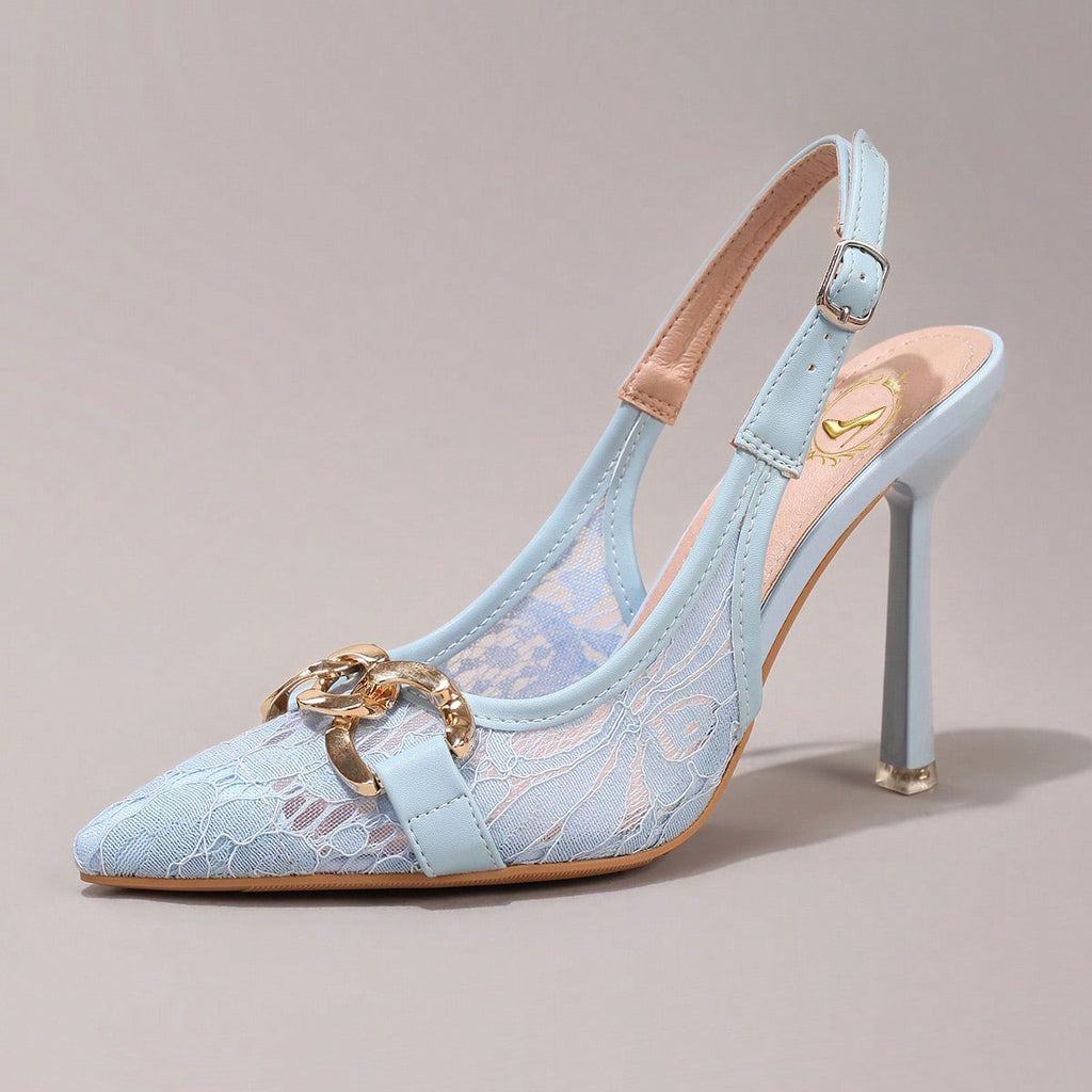 Fashionable Lace Embroidered High Heel Shoes With Chain Decor, Sexy Pointed Toe Super High Heel Party Shoes, Blue Stiletto Heeled Sandals For Women