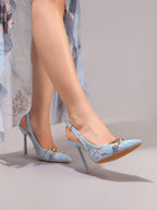 Fashionable Lace Embroidered High Heel Shoes With Chain Decor, Sexy Pointed Toe Super High Heel Party Shoes, Blue Stiletto Heeled Sandals For Women