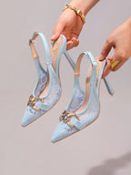 Fashionable Lace Embroidered High Heel Shoes With Chain Decor, Sexy Pointed Toe Super High Heel Party Shoes, Blue Stiletto Heeled Sandals For Women