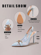 Fashionable Lace Embroidered High Heel Shoes With Chain Decor, Sexy Pointed Toe Super High Heel Party Shoes, Blue Stiletto Heeled Sandals For Women
