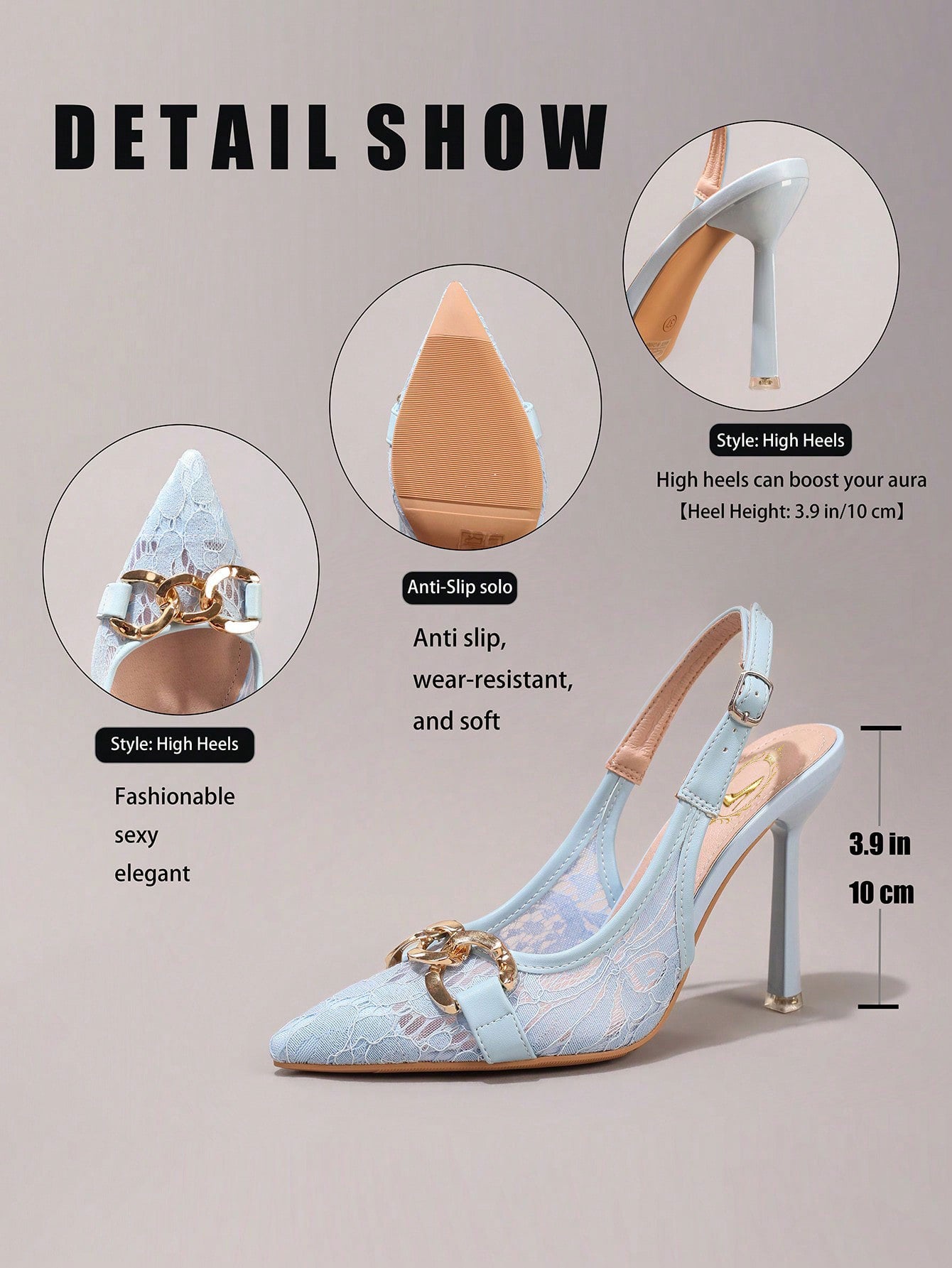 Fashionable Lace Embroidered High Heel Shoes With Chain Decor, Sexy Pointed Toe Super High Heel Party Shoes, Blue Stiletto Heeled Sandals For Women