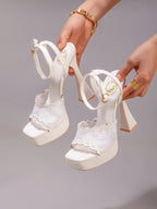Fashionable Lace Embroidered High Heel Sandals, Sexy Party Shoes, Open Toe Square Heel Mules, High Platform Wedge Heels, Wine Red Women's High Heels