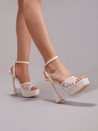 Fashionable Lace Embroidered High Heel Sandals, Sexy Party Shoes, Open Toe Square Heel Mules, High Platform Wedge Heels, Wine Red Women's High Heels