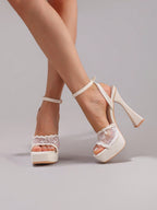 Fashionable Lace Embroidered High Heel Sandals, Sexy Party Shoes, Open Toe Square Heel Mules, High Platform Wedge Heels, Wine Red Women's High Heels