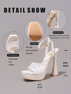 Fashionable Lace Embroidered High Heel Sandals, Sexy Party Shoes, Open Toe Square Heel Mules, High Platform Wedge Heels, Wine Red Women's High Heels