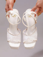 Fashionable Lace Embroidered High Heel Sandals, Sexy Party Shoes, Open Toe Square Heel Mules, High Platform Wedge Heels, Wine Red Women's High Heels