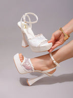 Fashionable Lace Embroidered High Heel Sandals, Sexy Party Shoes, Open Toe Square Heel Mules, High Platform Wedge Heels, Wine Red Women's High Heels