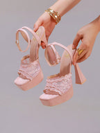 Fashionable Lace Embroidered High Heel Sandals, Sexy Party Shoes, Open Toe Square Heel Mules, High Platform Wedge Heels, Wine Red Women's High Heels
