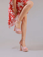 Fashionable Lace Embroidered High Heel Sandals, Sexy Party Shoes, Open Toe Square Heel Mules, High Platform Wedge Heels, Wine Red Women's High Heels