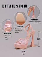 Fashionable Lace Embroidered High Heel Sandals, Sexy Party Shoes, Open Toe Square Heel Mules, High Platform Wedge Heels, Wine Red Women's High Heels