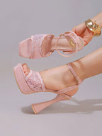 Fashionable Lace Embroidered High Heel Sandals, Sexy Party Shoes, Open Toe Square Heel Mules, High Platform Wedge Heels, Wine Red Women's High Heels