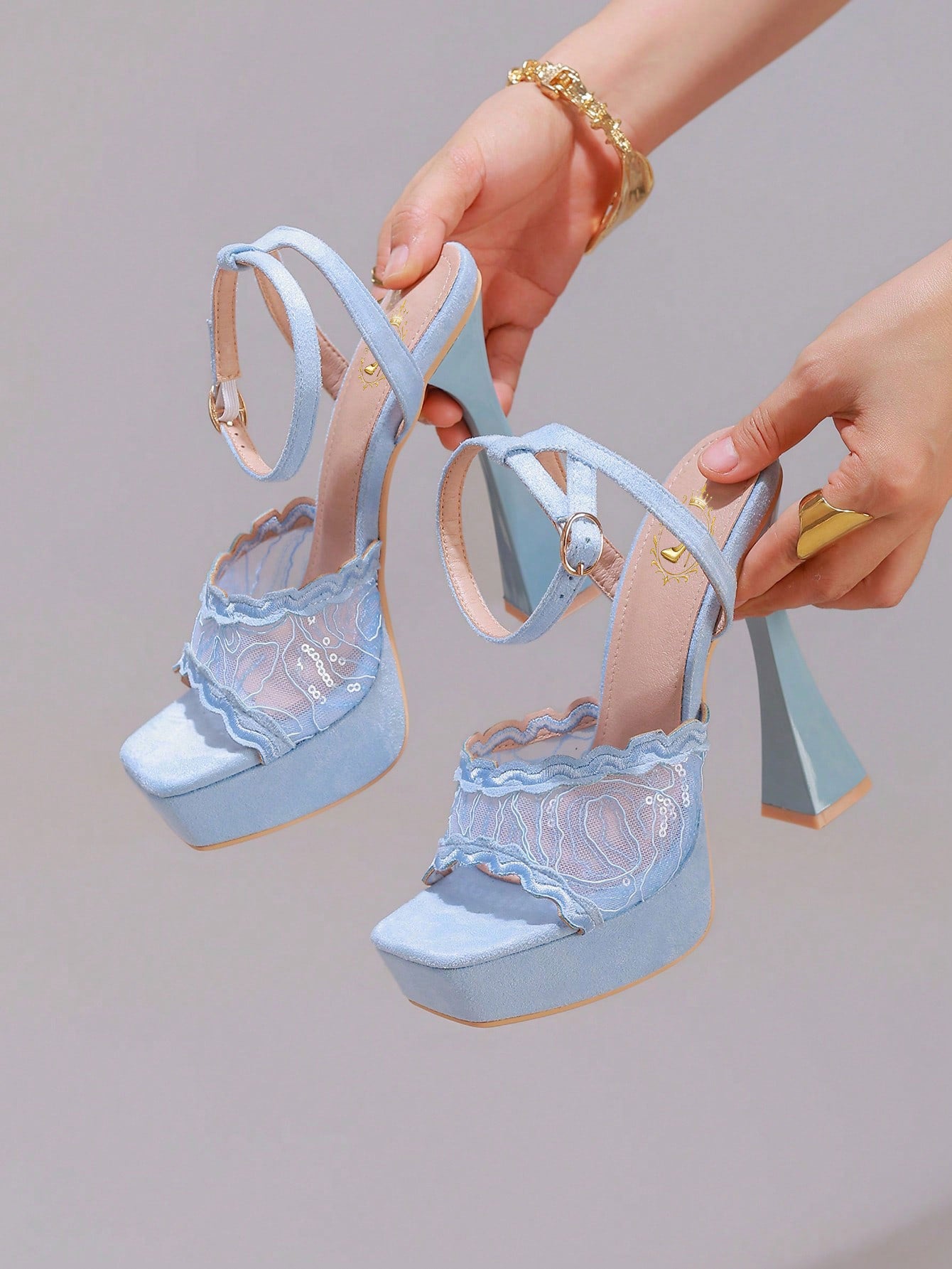 Fashionable Lace Embroidered High Heel Sandals, Sexy Party Shoes, Open Toe Square Heel Mules, High Platform Wedge Heels, Wine Red Women's High Heels