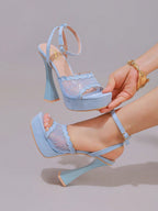 Fashionable Lace Embroidered High Heel Sandals, Sexy Party Shoes, Open Toe Square Heel Mules, High Platform Wedge Heels, Wine Red Women's High Heels