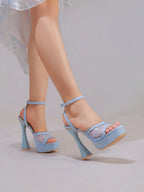 Fashionable Lace Embroidered High Heel Sandals, Sexy Party Shoes, Open Toe Square Heel Mules, High Platform Wedge Heels, Wine Red Women's High Heels