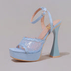 Fashionable Lace Embroidered High Heel Sandals, Sexy Party Shoes, Open Toe Square Heel Mules, High Platform Wedge Heels, Wine Red Women's High Heels