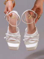 Fashion Lace Embroidered High Heel Sandals With Bow Decor