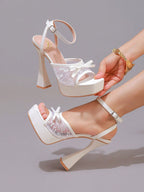 Fashion Lace Embroidered High Heel Sandals With Bow Decor