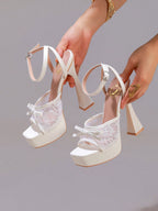 Fashion Lace Embroidered High Heel Sandals With Bow Decor