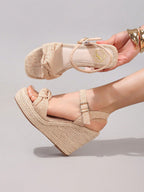 Fashion Rope Platform Wedge Sandals With Twist Open Toe Design, High Heel Slippers, Summer Vacation Casual Apricot Chunky Heel High Heels For Women