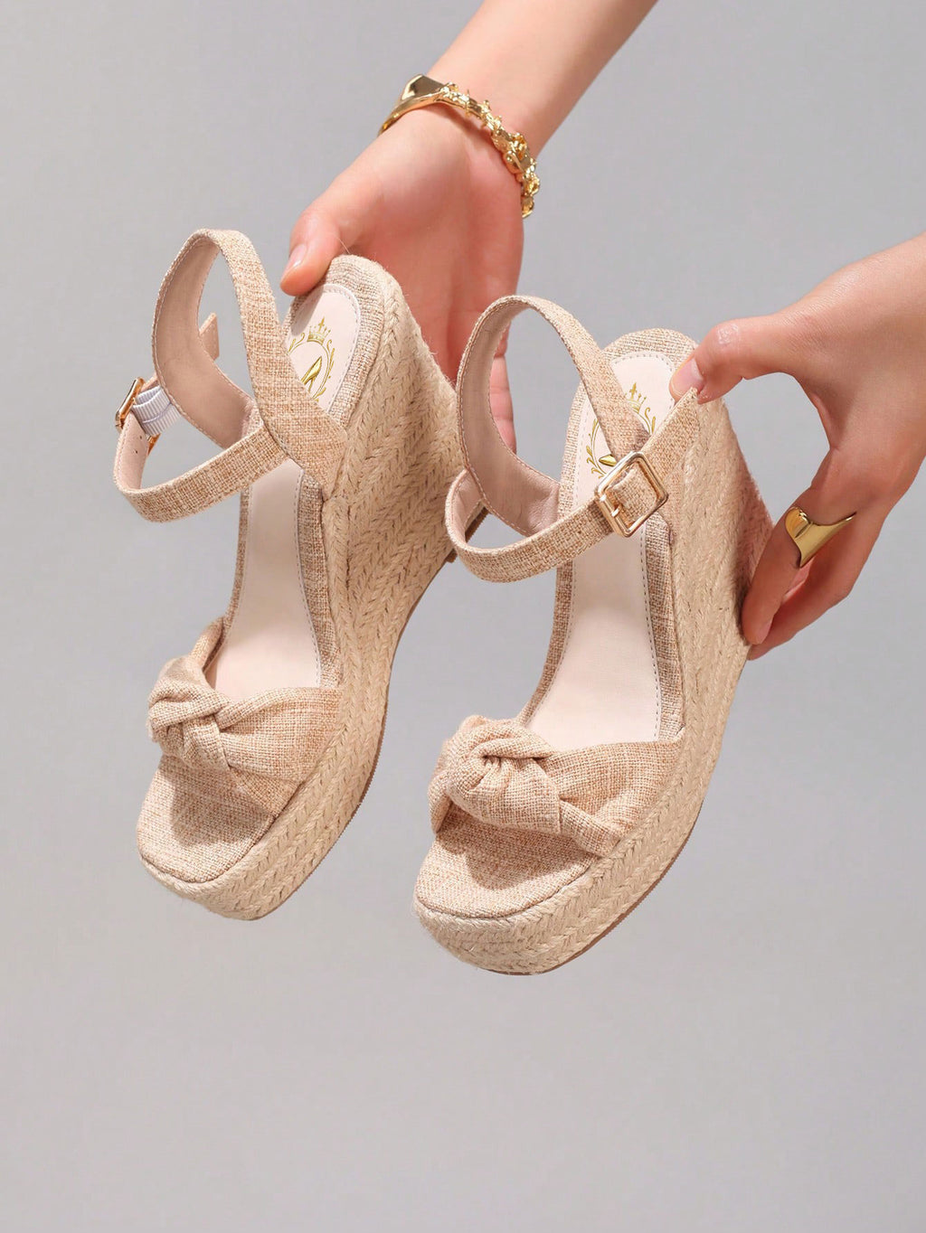 Fashion Rope Platform Wedge Sandals With Twist Open Toe Design, High Heel Slippers, Summer Vacation Casual Apricot Chunky Heel High Heels For Women
