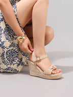 Fashion Rope Platform Wedge Sandals With Twist Open Toe Design, High Heel Slippers, Summer Vacation Casual Apricot Chunky Heel High Heels For Women