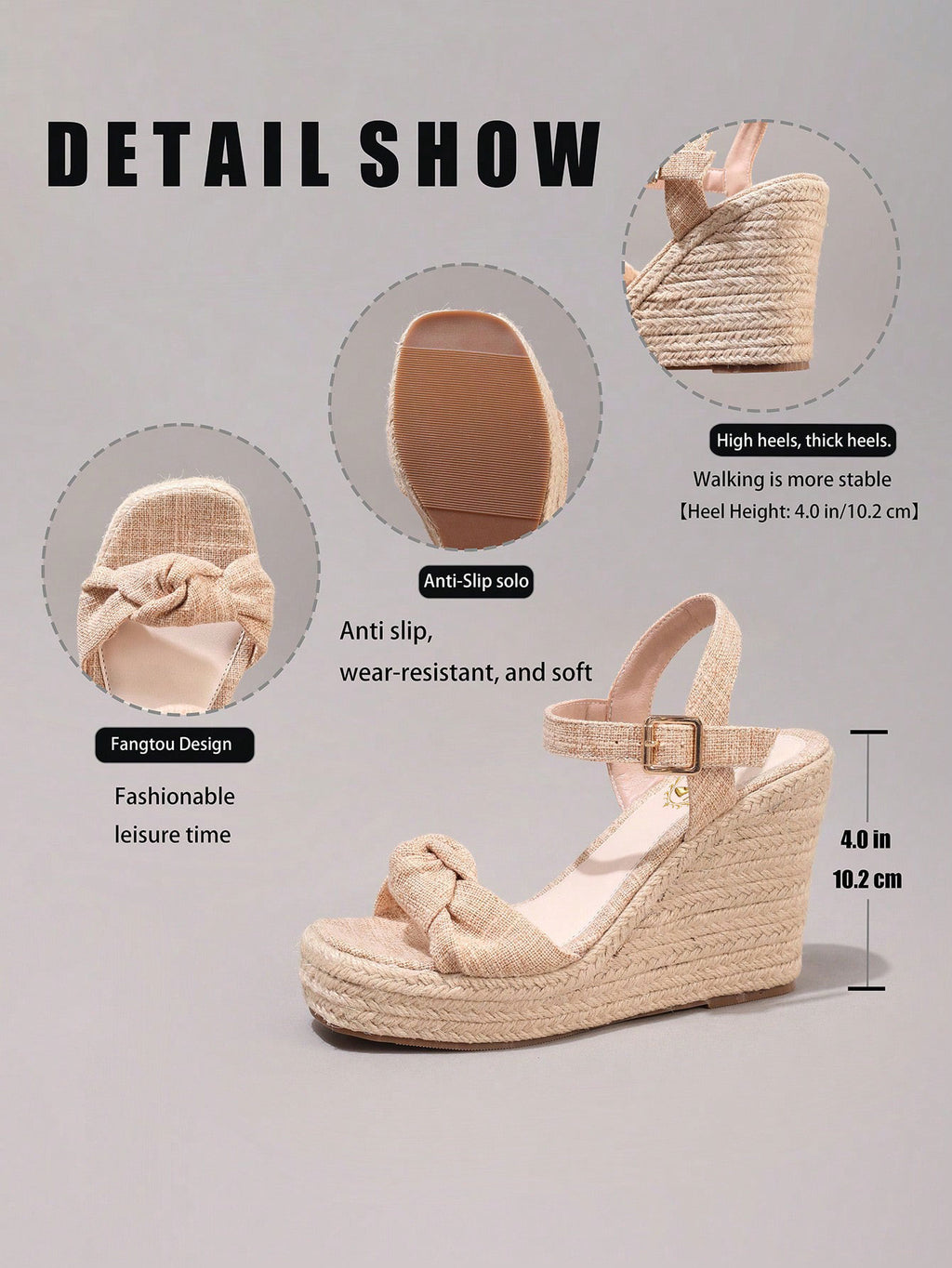 Fashion Rope Platform Wedge Sandals With Twist Open Toe Design, High Heel Slippers, Summer Vacation Casual Apricot Chunky Heel High Heels For Women