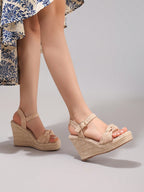 Fashion Rope Platform Wedge Sandals With Twist Open Toe Design, High Heel Slippers, Summer Vacation Casual Apricot Chunky Heel High Heels For Women