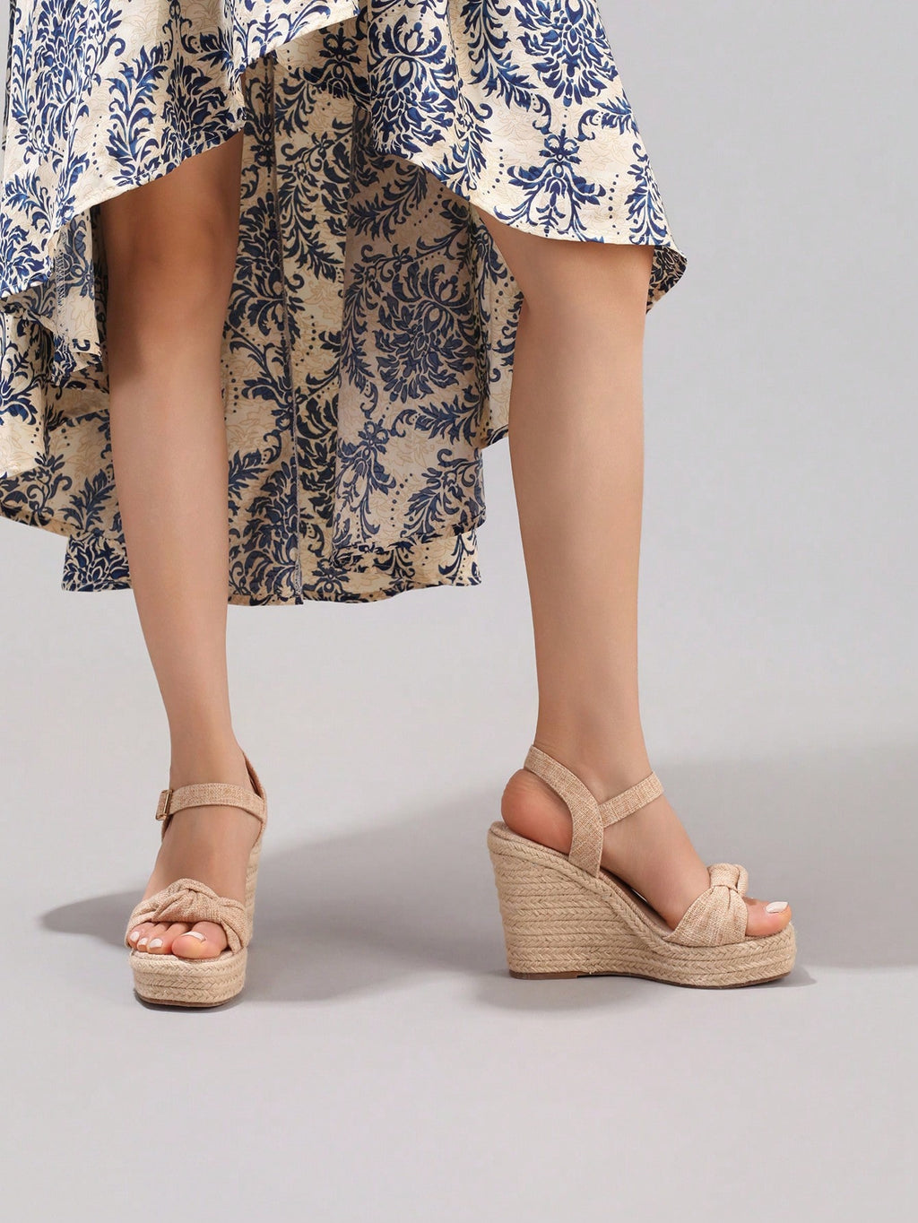 Fashion Rope Platform Wedge Sandals With Twist Open Toe Design, High Heel Slippers, Summer Vacation Casual Apricot Chunky Heel High Heels For Women