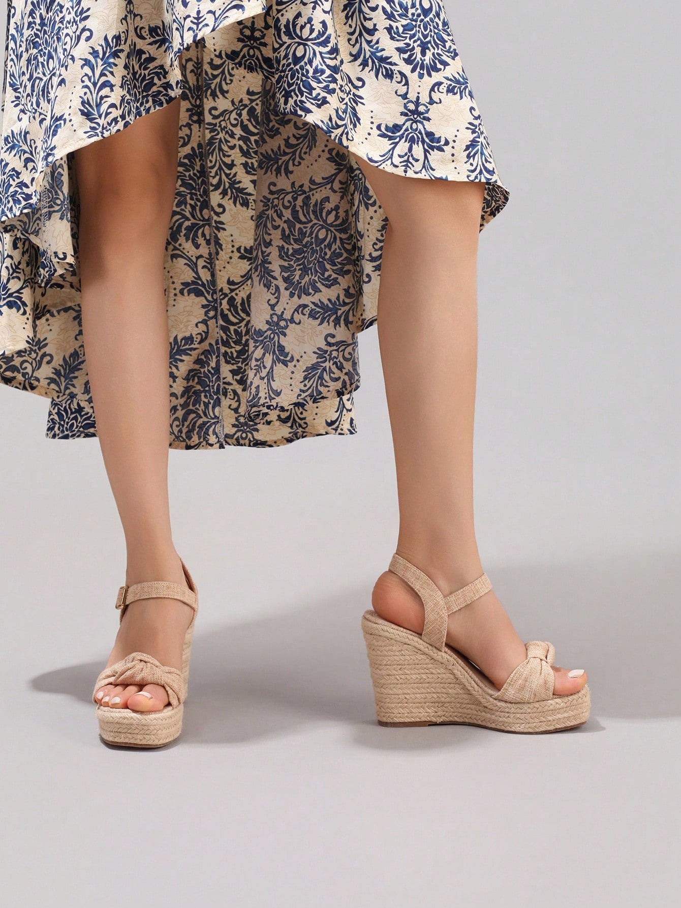 Fashion Rope Platform Wedge Sandals With Twist Open Toe Design, High Heel Slippers, Summer Vacation Casual Apricot Chunky Heel High Heels For Women