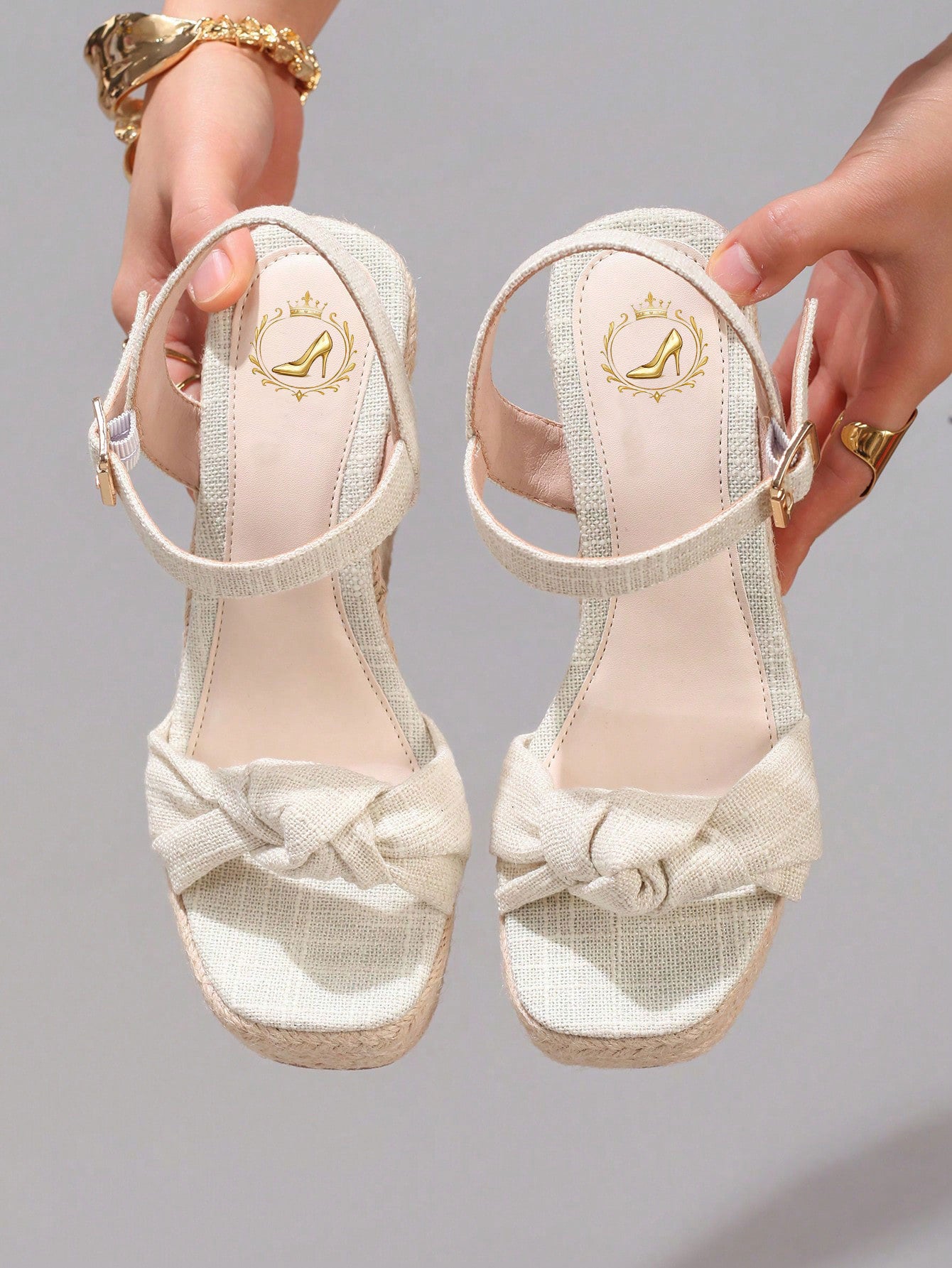 Fashion Rope Platform Wedge Sandals With Twist Open Toe Design, High Heel Slippers, Summer Vacation Casual Apricot Chunky Heel High Heels For Women