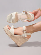 Fashion Rope Platform Wedge Sandals With Twist Open Toe Design, High Heel Slippers, Summer Vacation Casual Apricot Chunky Heel High Heels For Women