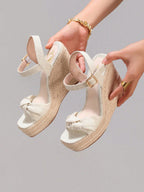 Fashion Rope Platform Wedge Sandals With Twist Open Toe Design, High Heel Slippers, Summer Vacation Casual Apricot Chunky Heel High Heels For Women