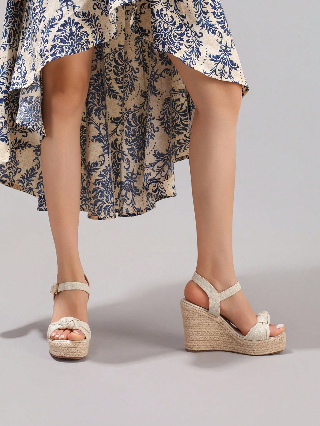 Fashion Rope Platform Wedge Sandals With Twist Open Toe Design, High Heel Slippers, Summer Vacation Casual Apricot Chunky Heel High Heels For Women