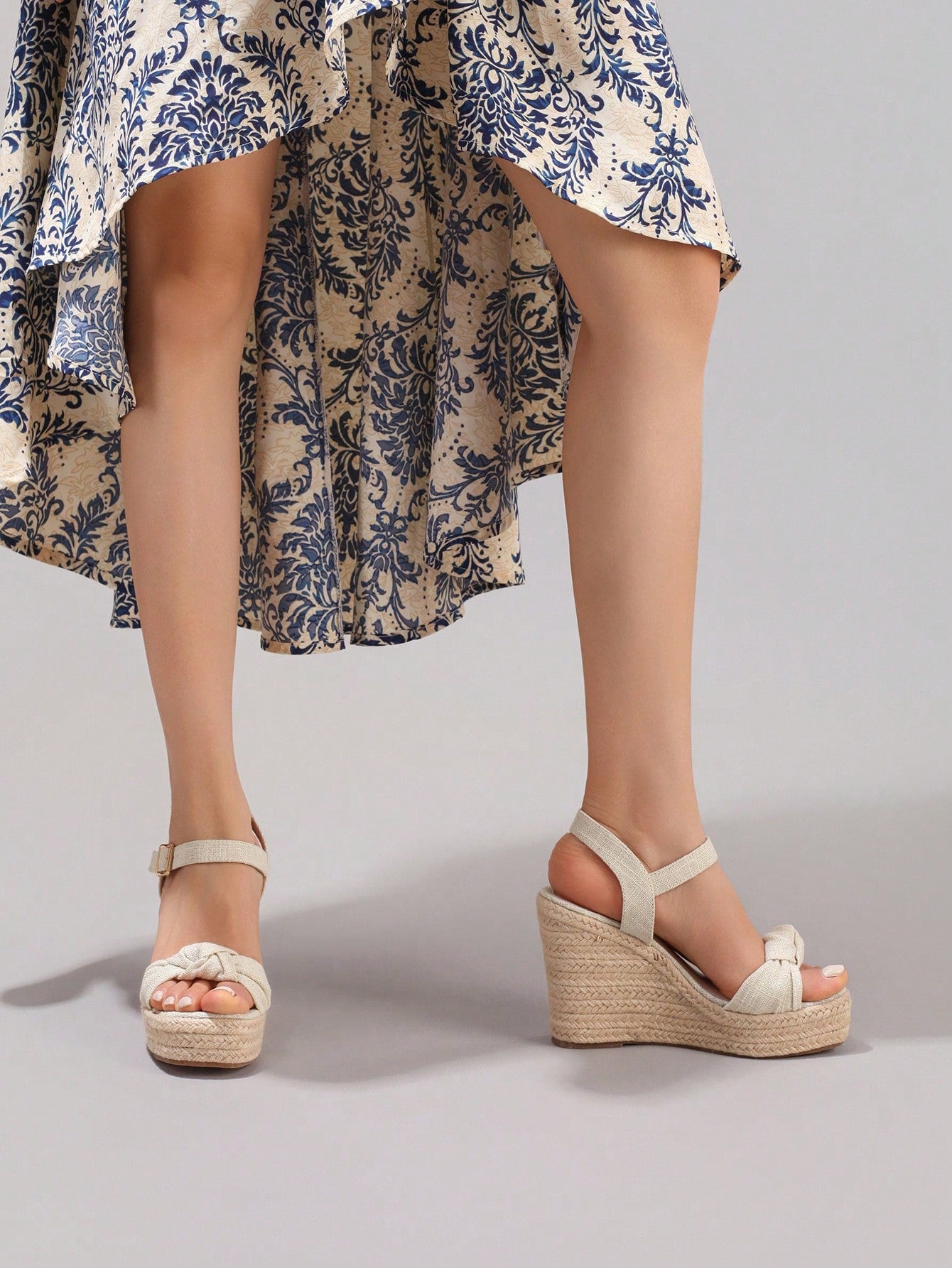 Fashion Rope Platform Wedge Sandals With Twist Open Toe Design, High Heel Slippers, Summer Vacation Casual Apricot Chunky Heel High Heels For Women