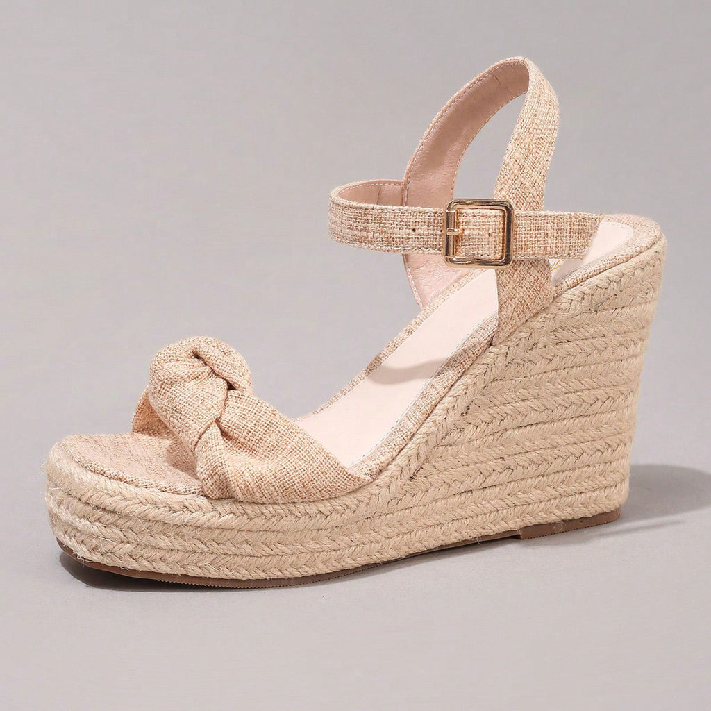 Fashion Rope Platform Wedge Sandals With Twist Open Toe Design, High Heel Slippers, Summer Vacation Casual Apricot Chunky Heel High Heels For Women